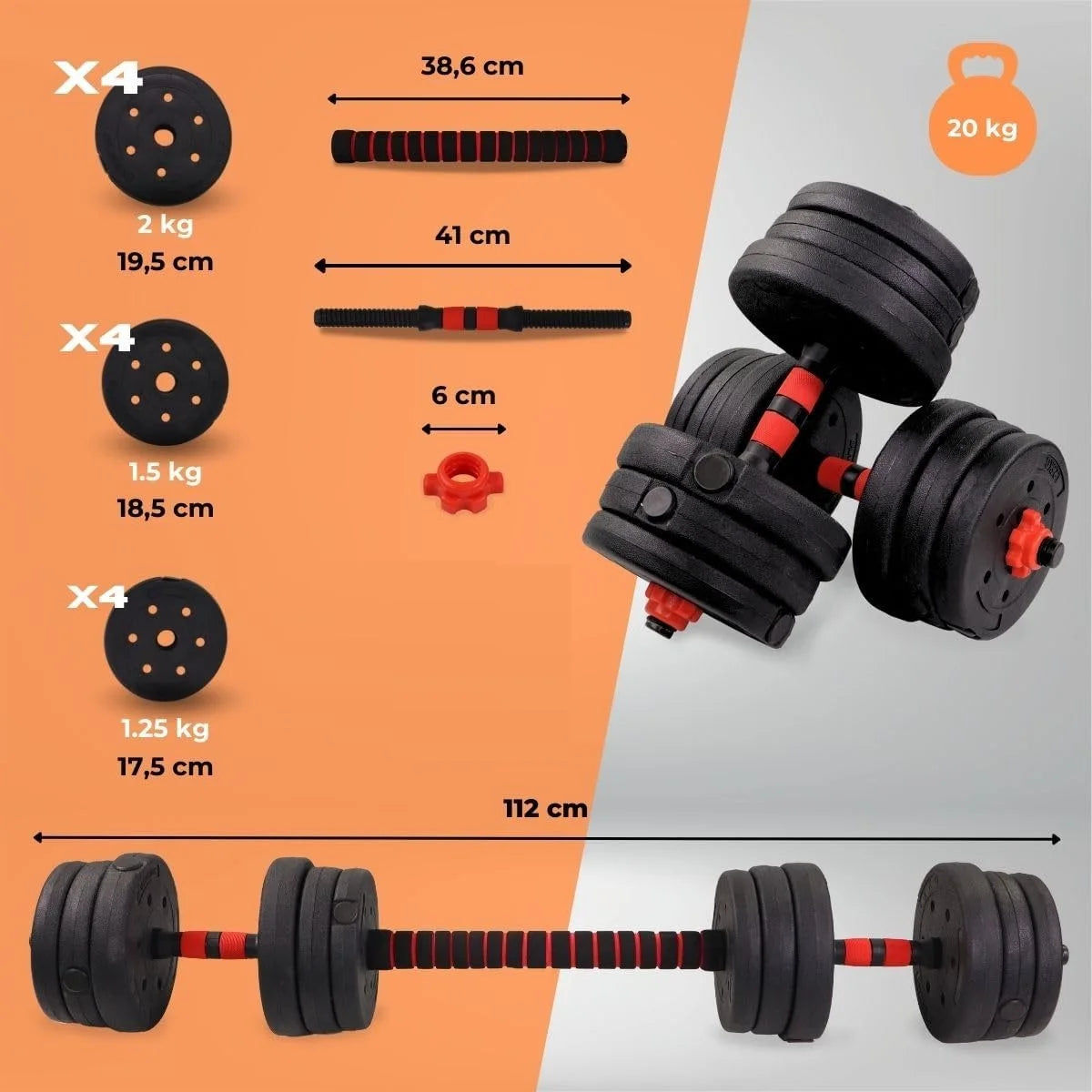 Dig Together, Adjustable dumbbells 20 kg, 2in1 Men's and Women's Danger BodyBuilding Kit, Black Red/Black